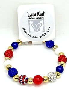 7" Patriotic Red, White, Blue & Gold Glass & Rhinestone Beaded Stretch Bracelet - Picture 1 of 4