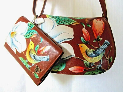 Cartera de cuero con montura Anuschka vintage pájaros pequeña marrón multicolor nueva con etiquetas Foto 1 de 4