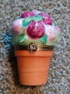 Geranium Pink Flowerpot Limoges Peint Main Trinket Box Figurine - Picture 1 of 7