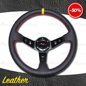 350mm LEDER 3-Speichen Aluminium Lenkrad TIEF Geschüsselt ROTER Stich SCHWARZ - Picture 1 of 5