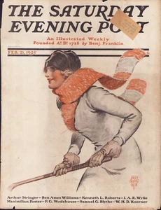 FEB 21 1925 Pretty Woman Playing Ice Hockey SATURDAY EVENING POST COVER ONLY - Picture 1 of 3