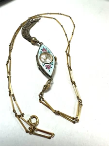 Vintage Necklace Watch Bucherer Art Deco Pendant Guilloche Enamel on Chain - Picture 1 of 17