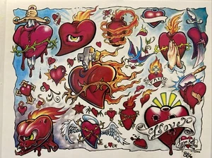 Aaron Bell Slave To The Needle Tattoo Flash Wall Shop Art Sheet Hearts - Picture 1 of 1