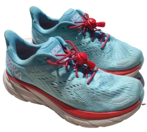 Hoka One One  CLIFTON 8 BLUE WHITE CORAL RED  WOMEN Sz 7 B NARROW EU 38 2/3 - Picture 1 of 13
