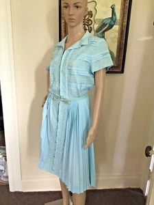 60’s Vintage Baby Blue “Carley” Embroidered Eyelet 2pc Dress & Belt  - Picture 1 of 5