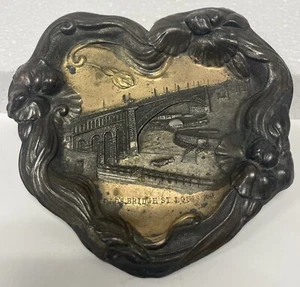 Antique Metal Gilded Eads Bridge St. Louis Tooled Souvenir Heart Shaped Ashtray - Picture 1 of 5