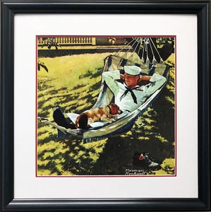 Norman Rockwell ""On Leave"" ENMARCADO PERSONALIZADO Arte Marina Perro Fuerzas Armadas Militares - Imagen 1 de 3