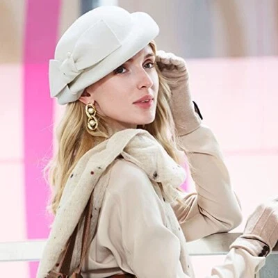 White Wool Felt Fascinator Hats Women Wedding Formal Party Dress Hat With Bow - Image 1 of 4