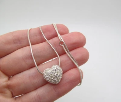 925 Sterling Silver Clear Sparkler Crystal Heart Pendant Snake Chain Necklace - Imagem 1 de 4