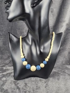 Beaded Necklace Womens Blue Cream Round Graduated Beads Gold Tone Clasp Costume - Picture 1 of 6