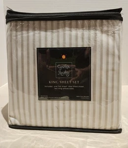 Cynthia Rowley Striped KING Size Sheet Set Beige and White Stripe NEW - Picture 1 of 5