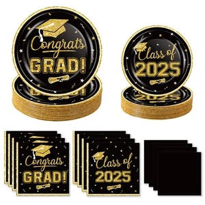 2025 Graduation Party Supplies Tableware Set - 200 Pcs Black Gold Graduation ... - Picture 1 of 7