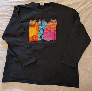 Sudadera negra Laurel Burch *Retrato familiar felino* 3 gatos polivinílico/algodón grande - Imagen 1 de 3