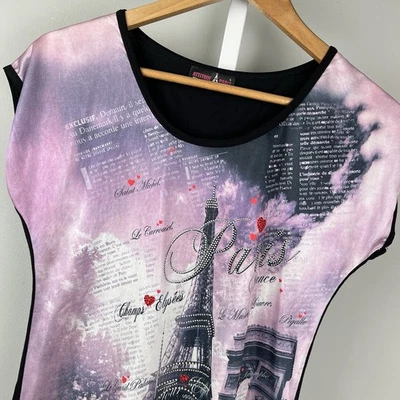 Attitude Paris Top Shirt Womens L Rhinestone Embellished Scenic Print Y2K - Image 1 of 4