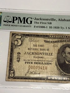 1929 $5 JACKSONVILLE, AL (Ch #4319) PMG F15 National Bank Note Currency, 3 Known - Picture 1 of 3