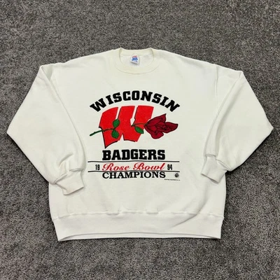 Sudadera De Colección Wisconsin Badgers Para Hombres XL Blanca Cuello Redondo Rose Bowl Años 90 Jerzees Foto 1 de 4