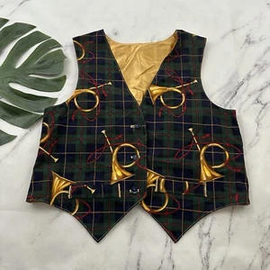 Womens Vintage 90s Handmade Christmas Horn Vest Size M Green Blue Plaid - Picture 1 of 8