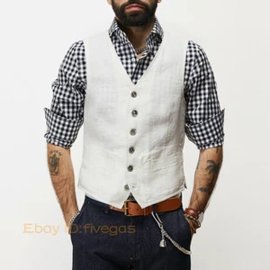 Chaleco delgado de lino de verano para hombre de negocios formal calce ajustado vintage S-5XL - Imagen 1 de 17