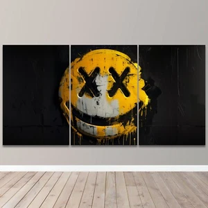 Smiley Face Yellow Character 3 Piece Canvas Wall Art Print Home Decor - Picture 1 of 4