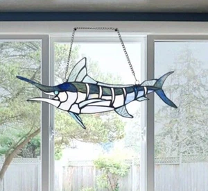 Pannello finestra vetro colorato stile Tiffany pesce marlin 16" prendisole - Foto 1 di 7