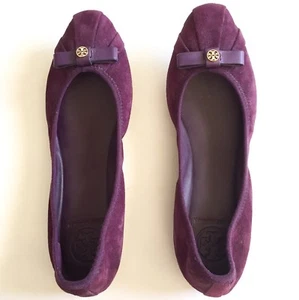 Tory Burch Womens Purple Suede Leather Bow Ballet Flats Shoes Size 7M Pleated - Picture 1 of 12