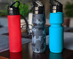 Collapsible Silicone Water Bottles - 3 Pack - Gray Camo, Red & Teal