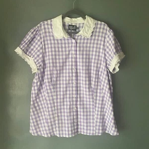 HELL BUNNY women's 4X purple white gingham checked lace collar button up blouse - Picture 1 of 10