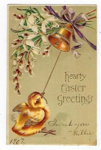Postal de Pascua de 1907 pollito tocando una campana - en relieve - Imagen 1 de 2