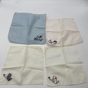 3 Vintage Hankies Animal Embroidered Children 8" Rolled Handstitched - Picture 1 of 8