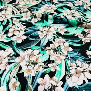 Printed Flowers and Aqua Leaves Stretch Fabric 60" wide Swimsuit Spandex By Yard - Picture 1 of 6