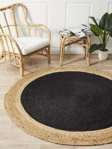 Jute Rug Round Hand Braided Area Rug Door Mat Rustic Look Rug, Black Beige - Picture 1 of 6