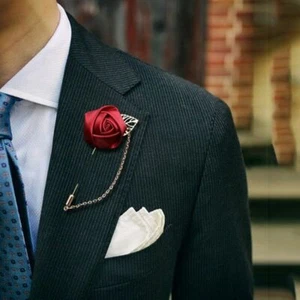 Red Wedding Flower Gold Leaf Corsage Lapel Pin Brooch Chain Suits Collars Stick - Picture 1 of 3