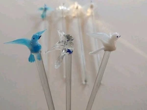 8 Vtg MCM Hand Blown Art Glass Bird in Flight Swizzle Stir Sticks Blue White - Picture 1 of 15