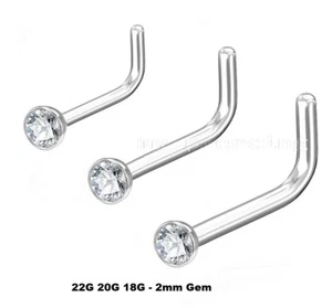 1pc. 22g 20g 18g 2mm Press Fit Gem 316L Surgical Steel L-Shaped Nose Stud - Picture 1 of 2