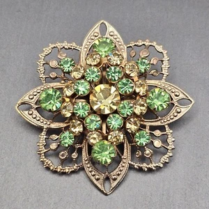 Vintage grün & gelb Kristall Strass Floral filigran Brosche Anstecknadel 2" goldfarben - Bild 1 von 8