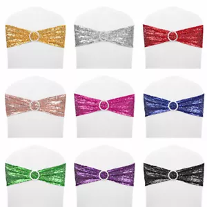 10-100pz Fasce per Sedia da Matrimonio Elasticizzate Paillettes con Fibbia Scorrevole Fiocco Decorazione - Foto 1 di 20