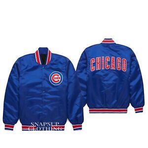 Men's MLB Chicago Cubs Blue Satin Jacket Full-Snap Bomber Style Varsity Jack