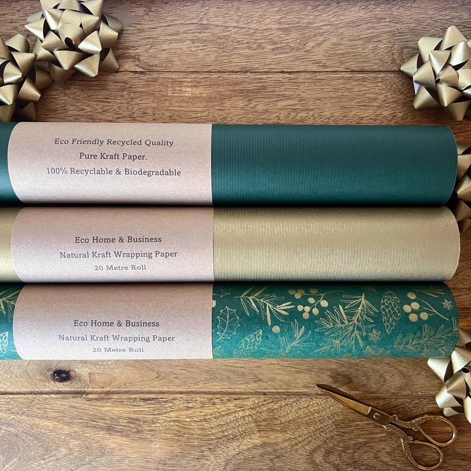 KRAFT Christmas Wrapping Paper Spruce Foliage Gold Green Eco Printed Sheets Roll - Image 1 of 2