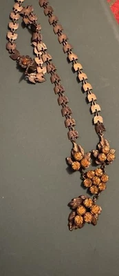 Antique Estate Art Deco Brass & Copper Leaf Necklace w/Amber Czech Glass Stones - Image 1 of 4