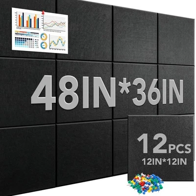 Cork Boards for Walls 36”x48”, 12 Pack Black Bulletin Board, Reusable Felt Wa... - Image 1 of 4
