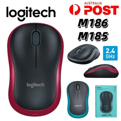 LOGITECH M186 M185 Wireless Mouse Optical Ergonomic Mice USB Receiver Laptop PC - Image 1 of 4