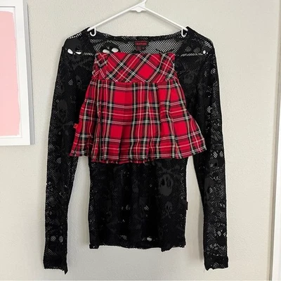 Hot Topic Skater готический костюм. TrippNYC сетки черепа длинным рукавом Топ и клетчатая юбка - Изображение 1 из 4