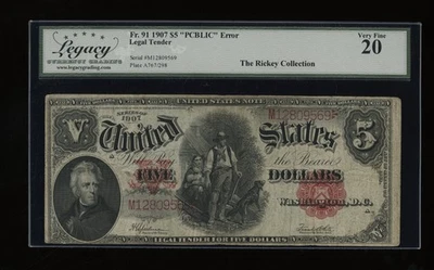 DBR 1907 $5 Woodchopper Fr. 91 PCBLIC Error Legacy VF-20 Serial M12809569 - Image 1 of 2