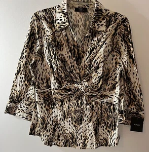 Alfani Blouse women Sz 12 Brn/Blk Animal Print 3/4 Sleeve Slim Fit Cotton Blend - Picture 1 of 11