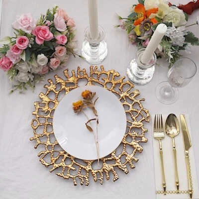 PLATOS CARGADOR de plástico decorativos con patrón de encaje redondo de 13" dorado 6 fiestas eventos Foto 1 de 4