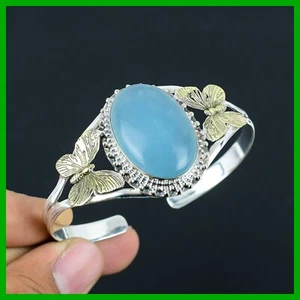 925 Sterling Silver Aquamarine Gemstone New Butterfly And 18K Gold Plated Bangle - Picture 1 of 6