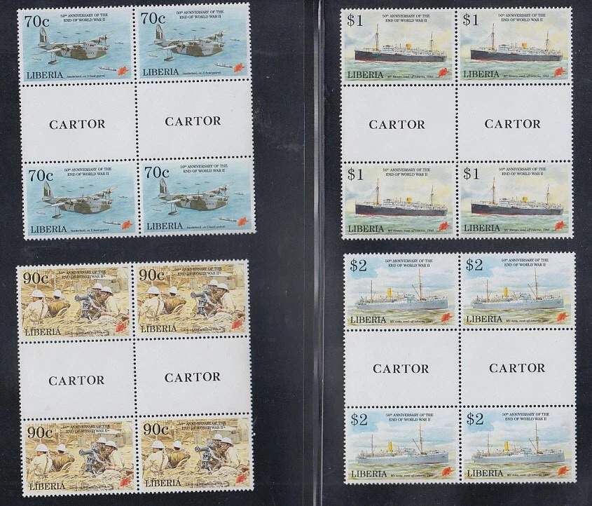 Libéria # 1175-79 MNH Blocos de calha cruzada 1995 Segunda Guerra Mundial 50º aniversário militar - Imagem 1 de 1