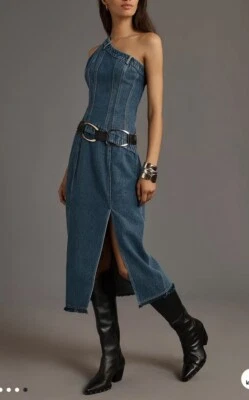 Vestido midi vaquero de un hombro Anthro Forever That Girl Camila. Talla L. Precio de venta sugerido por el fabricante $158 Foto 1 de 4