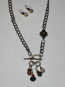 21" Long Pendant Multicolor Beads, Bronze Accents & Slip Closure w/Earrings - Picture 1 of 1