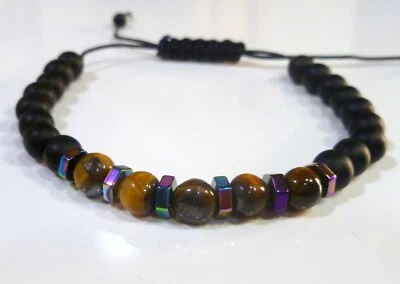 ONYX MIT TIGERAUGEN HANDGEFERTIGTES GEFLOCHTEN VERSTELLBAR ARMBAND - Bild 1 von 3